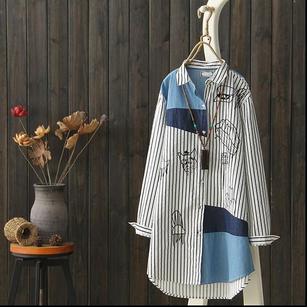 100% cotton and womens blouses turn down collar long striped embroidery loose lady outwear coat, White
100% cotton and womens blouses turn down collar long striped embroidery loose lady outwear coat, White