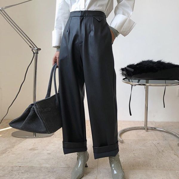 women high waist leather pants wide leg autumn winter stretch loose casual trousers women's & capris, Black;white
women high waist leather pants wide leg autumn winter stretch loose casual trousers women's & capris, Black;white