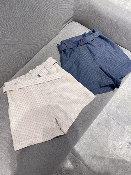 women's shorts 2021 women fashion loose linen belt striped 0608, White;black