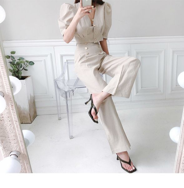 women's two piece pants summer set women korean office chic puff short sleeve lady +high waist casual female wqvr, White
women's two piece pants summer set women korean office chic puff short sleeve lady +high waist casual female wqvr, White