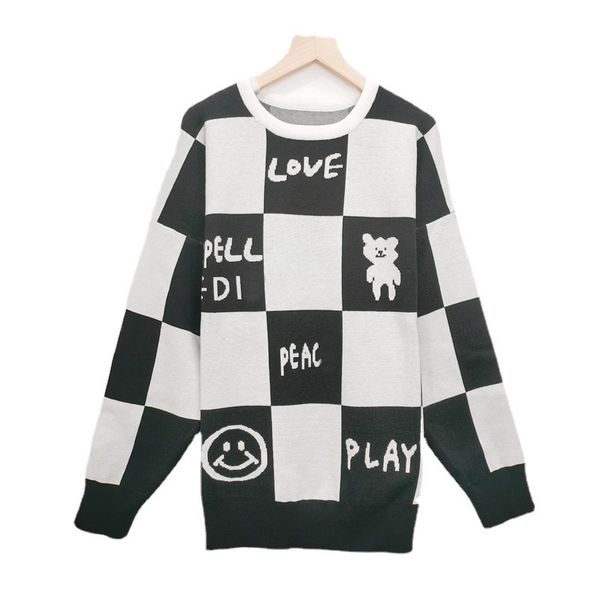 sweater knit 2021 early autumn korean design chessboard women's small round neck pullover loose, White;black
sweater knit 2021 early autumn korean design chessboard women's small round neck pullover loose, White;black