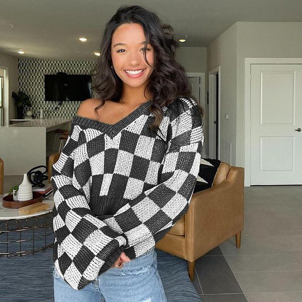 women's sweaters v neck knitted sweaters, casual long sleeve checkerboard print loose jumper pullovers, White;black
women's sweaters v neck knitted sweaters, casual long sleeve checkerboard print loose jumper pullovers, White;black