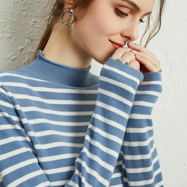 autumn and winter women's sweater casual striped bottoming shirt long-sleeved loose half-high collar wool sweaters, White;black
autumn and winter women's sweater casual striped bottoming shirt long-sleeved loose half-high collar wool sweaters, White;black