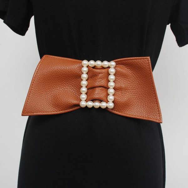 belts women's runway fashion pearl buckle pu elastic cummerbunds female dress corsets waistband decoration wide belt r559, Black;brown
belts women's runway fashion pearl buckle pu elastic cummerbunds female dress corsets waistband decoration wide belt r559, Black;brown