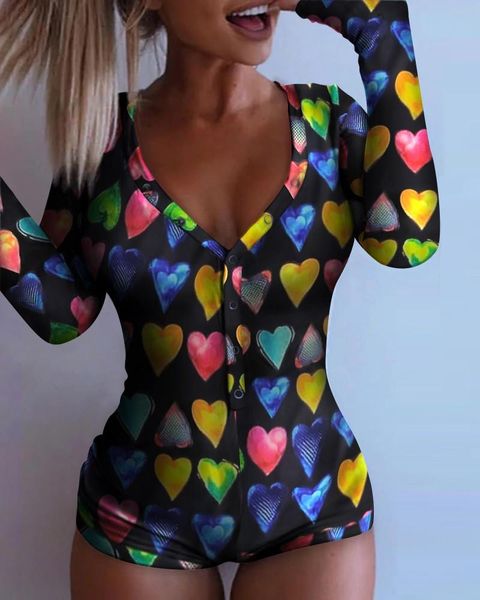 women's jumpsuits & rompers long sleeve heart print v-neck romper, Black;white