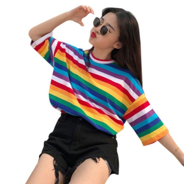 women's t-shirt women girls plus size half sleeves harajuku rainbow contrast colored cross stripes printed shirt oversized loose pullov, White
women's t-shirt women girls plus size half sleeves harajuku rainbow contrast colored cross stripes printed shirt oversized loose pullov, White