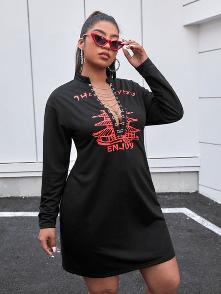 plus letter graphic print chain detail dress f99t#, Black