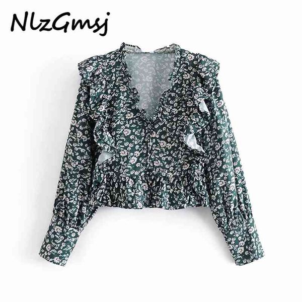 women ruffles blouse floral print v collar long sleeves loose short shirt chic casual femmle retro 210628, White
women ruffles blouse floral print v collar long sleeves loose short shirt chic casual femmle retro 210628, White