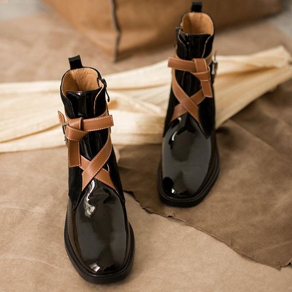 boots women's patent leather ankle square toe black brown med heels shoes strap cross b287
boots women's patent leather ankle square toe black brown med heels shoes strap cross b287