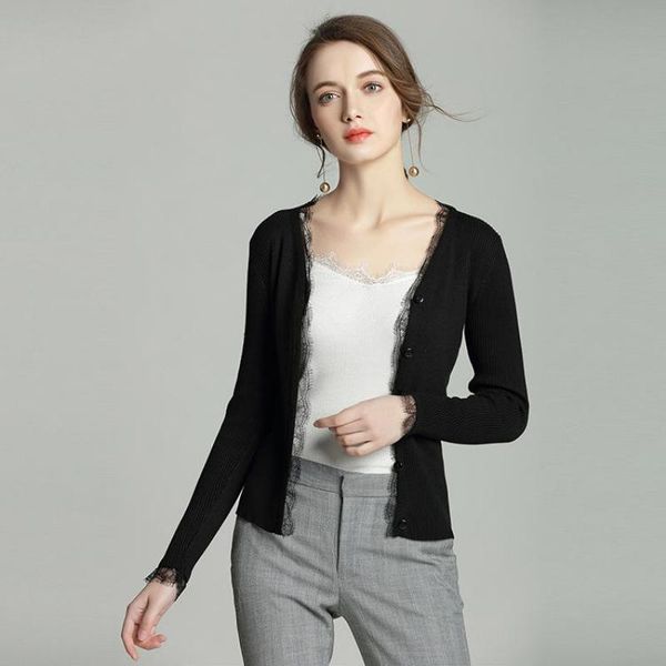 women's sweaters 2021 spring arrival simple fashion knitted cardigan feminino lace decorated slim long sleeve v neck knit top, White;black
women's sweaters 2021 spring arrival simple fashion knitted cardigan feminino lace decorated slim long sleeve v neck knit top, White;black