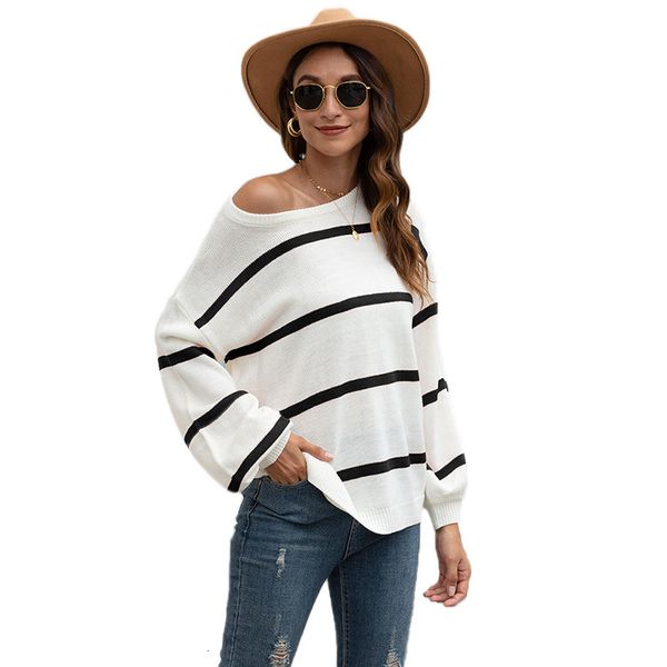sweaters women's knitted autumn and winter round neck strapless striped color matching sweater, White;black
sweaters women's knitted autumn and winter round neck strapless striped color matching sweater, White;black