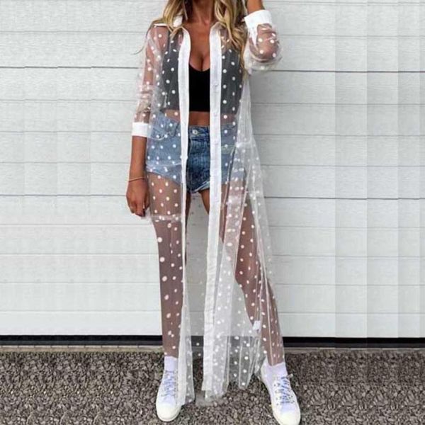 women's swimwear women bikini cover up 2021 long sleeve coat dot print net yarn see-through lapel swimmwear beachwear, White;black
women's swimwear women bikini cover up 2021 long sleeve coat dot print net yarn see-through lapel swimmwear beachwear, White;black