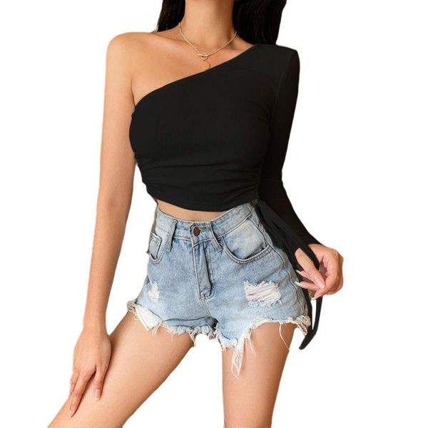 women's t-shirt 2021 women one shoulder crop ladies long sleeve side drawstring slim fit rib knit summer female solid color, White
women's t-shirt 2021 women one shoulder crop ladies long sleeve side drawstring slim fit rib knit summer female solid color, White