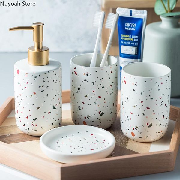 simple bathroom decoration ceramic four-piece lotion bottle mouthwash cup soap dish round terrazzo supplies bath accessory set
simple bathroom decoration ceramic four-piece lotion bottle mouthwash cup soap dish round terrazzo supplies bath accessory set