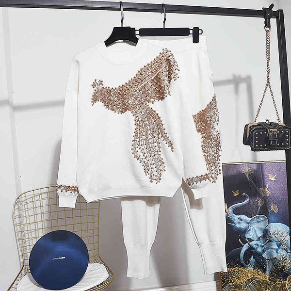 women's tracksuits fashion knitted tracksuit set autumn phoenix beading long sleeve knit sweater+casual pants 2 piece set outfits, Gray
women's tracksuits fashion knitted tracksuit set autumn phoenix beading long sleeve knit sweater+casual pants 2 piece set outfits, Gray