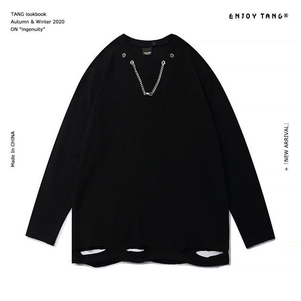 guochao brand sweater men's high street hip hop loose belt chain hole bottoming long sleeve shirt, Black
guochao brand sweater men's high street hip hop loose belt chain hole bottoming long sleeve shirt, Black