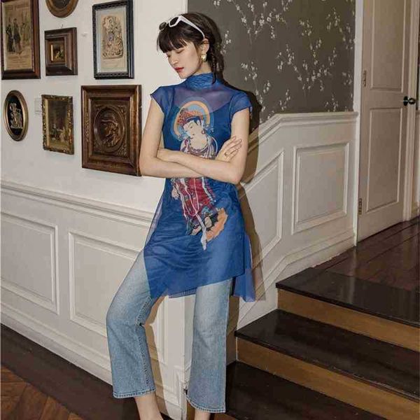 women's knits & tees buddha print turtleneck long mesh blouse women blue short sleeve summer ladies asymmetrical fashion syjc, White
women's knits & tees buddha print turtleneck long mesh blouse women blue short sleeve summer ladies asymmetrical fashion syjc, White