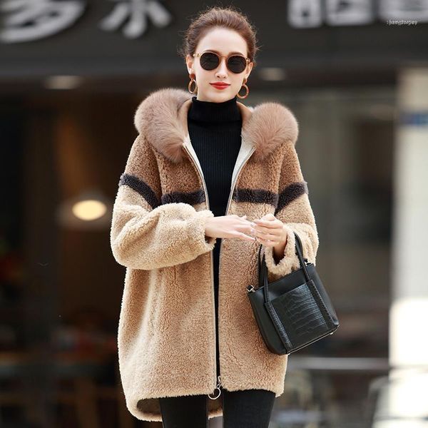 100% hooded female collar genuine wool fur coat korean simple jacket 2021 women's coats casacos zjt7431, Black 
100% hooded female collar genuine wool fur coat korean simple jacket 2021 women's coats casacos zjt7431, Black