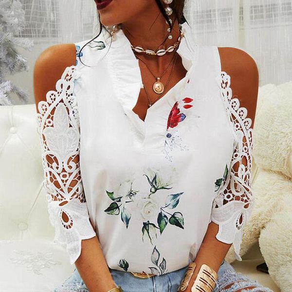 women's blouses & shirts women printed lace ruffles v-neck hollow out three quarter sleeve cold shoulder ladies blouse 2021 female, White
women's blouses & shirts women printed lace ruffles v-neck hollow out three quarter sleeve cold shoulder ladies blouse 2021 female, White