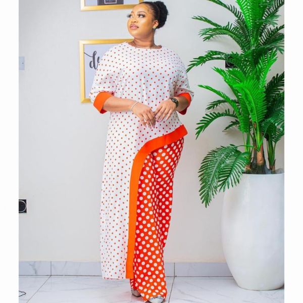two pieces set women polka dot o neck irregual length half sleeves with wide leg pants summer spring african plus size women's piece, White
two pieces set women polka dot o neck irregual length half sleeves with wide leg pants summer spring african plus size women's piece, White