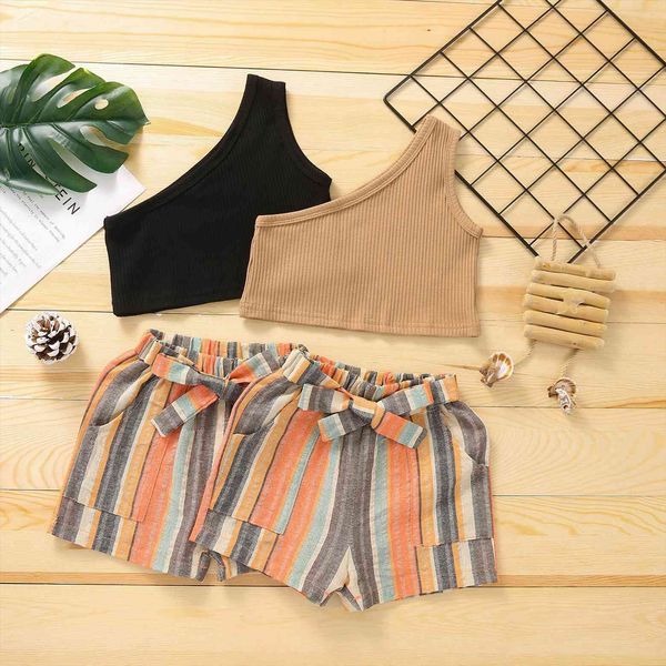 1 6y summer fashion girls clothes sets 2pcs one shoulder solid vest rainbow striped shorts, White
1 6y summer fashion girls clothes sets 2pcs one shoulder solid vest rainbow striped shorts, White