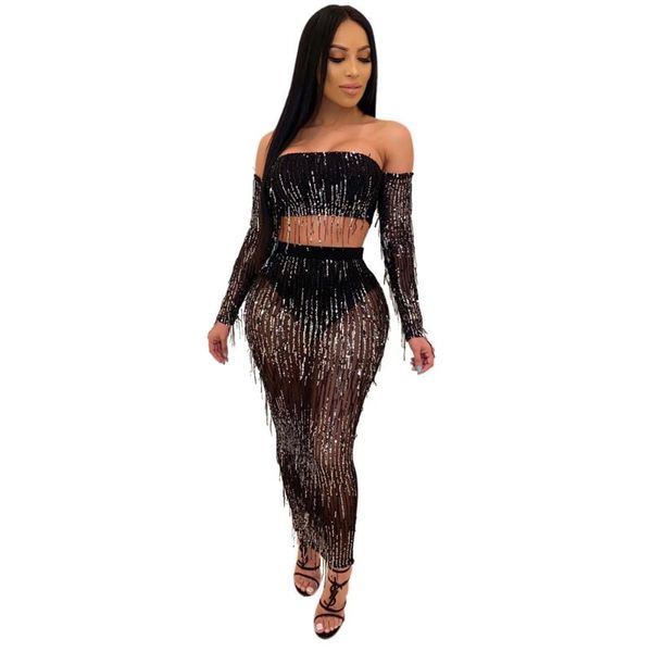 two piece dress sequin tassel sheer mesh set women festival clothing strapless crop maxi skirt matching sets club outfits, White
two piece dress sequin tassel sheer mesh set women festival clothing strapless crop maxi skirt matching sets club outfits, White