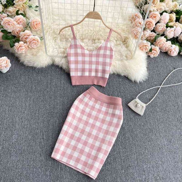 summer korean suit sweet women tracksuits plaid v neck short sling with skirt for womens high waist bag knitted, Gray
summer korean suit sweet women tracksuits plaid v neck short sling with skirt for womens high waist bag knitted, Gray