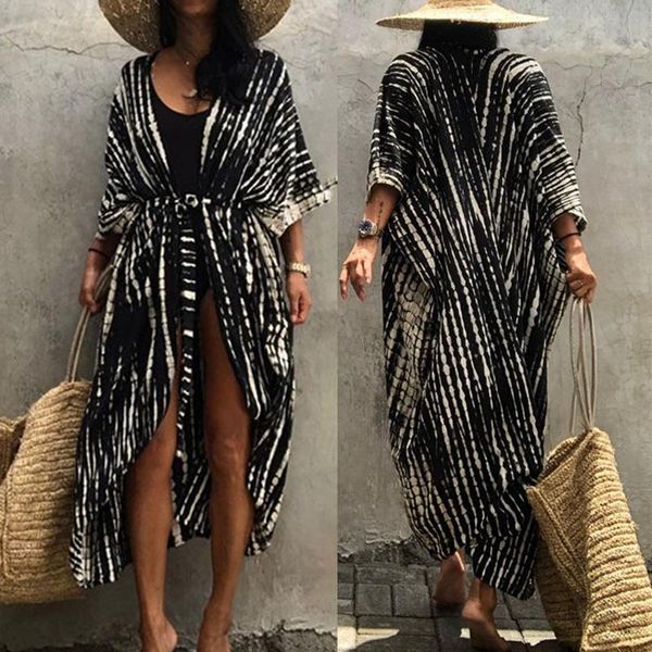 women's swimwear 2021 bikini cover-ups boho women black retro striped self belted summer kimono dress plus size beach wear swim suit, White;black
women's swimwear 2021 bikini cover-ups boho women black retro striped self belted summer kimono dress plus size beach wear swim suit, White;black