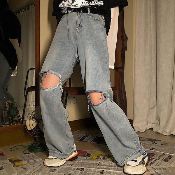 women's jeans large size hole wide leg spring and summer wear korean high waist straight tube loose show thin fat sister drop, Blue
women's jeans large size hole wide leg spring and summer wear korean high waist straight tube loose show thin fat sister drop, Blue