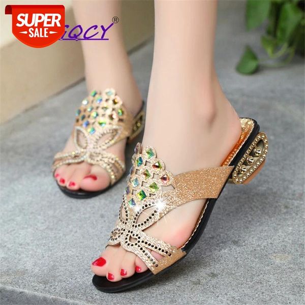women summer open toe chunky heel sandals fashion bling rhinestones beach flip flops slip on outside hollow slides shoes woman #4o1t, Black