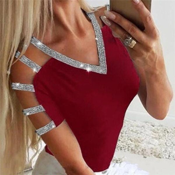 women's t-shirt solid color female fashion sequin patchwork hollow deep v-neck simple wild, White
women's t-shirt solid color female fashion sequin patchwork hollow deep v-neck simple wild, White
