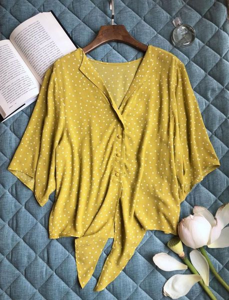 women yellow dot print blouse 2021 half sleeve waist tie bow sweet fresh shirt women's blouses & shirts, White
women yellow dot print blouse 2021 half sleeve waist tie bow sweet fresh shirt women's blouses & shirts, White