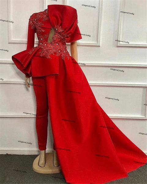 red fashion evening dresses jumpsuit with big bow 2021 lace stain long sleeve peplum arabic african prom dress with pant suit, Black
red fashion evening dresses jumpsuit with big bow 2021 lace stain long sleeve peplum arabic african prom dress with pant suit, Black