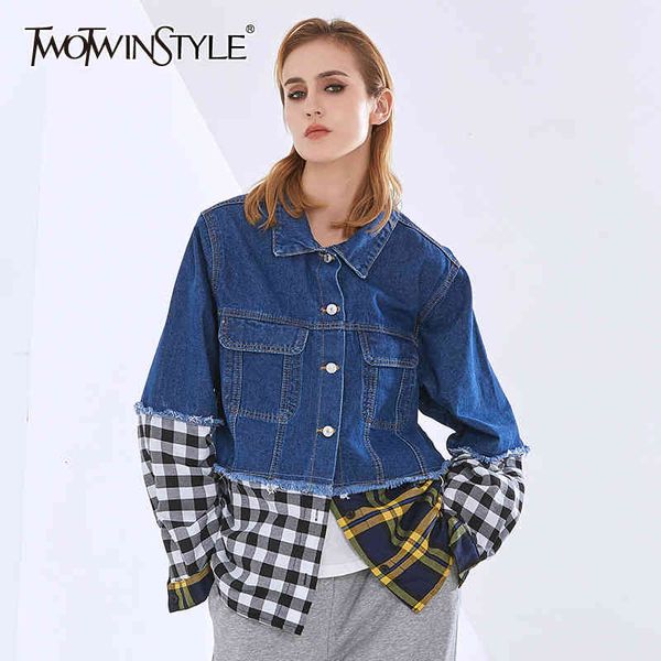 twotwinstyle casual patchwork plaid jacket for women lapel long sleeve denim jackets female fashion clothing autumn 210517, Black;brown
twotwinstyle casual patchwork plaid jacket for women lapel long sleeve denim jackets female fashion clothing autumn 210517, Black;brown