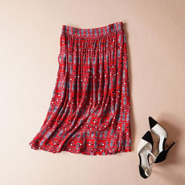 skirts women pineapple print midi skirt ladies holiday fashion red long, Black