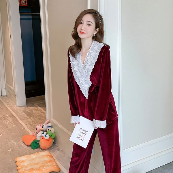 sleepwear 2021 womens pajamas autumn and winter warm pajamas set ladies lace pajamas home service 2pieces, Black;red
sleepwear 2021 womens pajamas autumn and winter warm pajamas set ladies lace pajamas home service 2pieces, Black;red