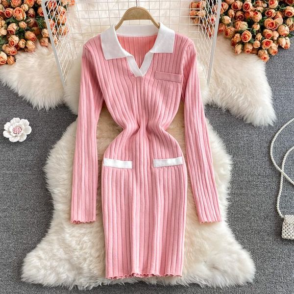 casual dresses female korean sweater dress elastic slim turndown-collar long sleeve short autumn winter bodycon knit, Black;gray