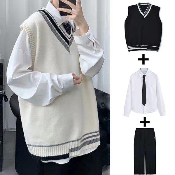 men's vests autumn korean version of the v-neck sweater student uniform suit class service college style loose vest men winter, Black;white
men's vests autumn korean version of the v-neck sweater student uniform suit class service college style loose vest men winter, Black;white