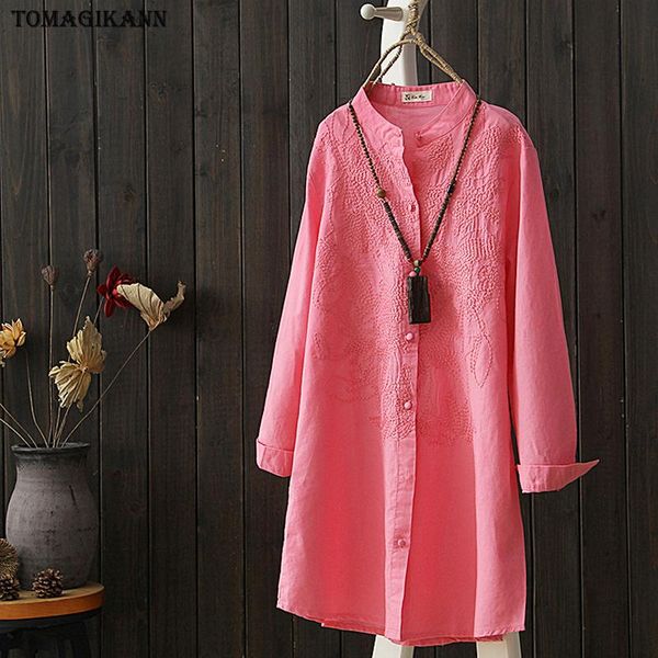 women's blouses & shirts 2021 autumn vintage cottton and linen embroidery long women blouse casual stand collar single breasted feminin, White
women's blouses & shirts 2021 autumn vintage cottton and linen embroidery long women blouse casual stand collar single breasted feminin, White