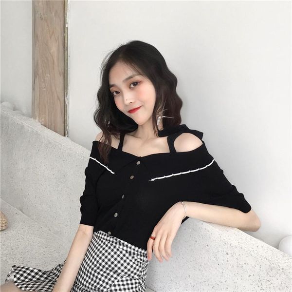 women's sweaters knitting shirts clothing fashion brand summer sweet style short sleeve slash neck halter off shoulder, White;black
women's sweaters knitting shirts clothing fashion brand summer sweet style short sleeve slash neck halter off shoulder, White;black