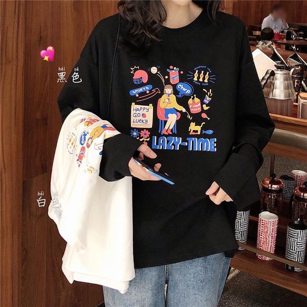 spring autumn round neck cute cartoon loose oversize long sleeve concise style base t-shirt women's, White
spring autumn round neck cute cartoon loose oversize long sleeve concise style base t-shirt women's, White
