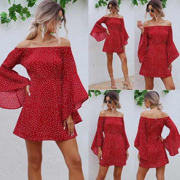 off shoulder women dress elegant dot print flare long sleeve mini dresses casual, Black;gray
off shoulder women dress elegant dot print flare long sleeve mini dresses casual, Black;gray