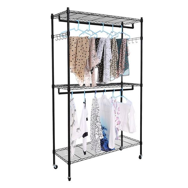 

2tier rod closet organizer garment rack clothes storage hanger shelf hooks black clotheshorse hangers & racks