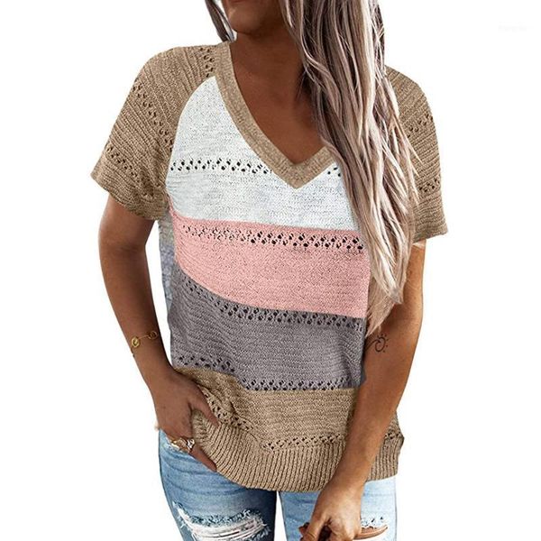 women's t-shirt women contrast color summer short sleeve hollow out knitted female casual patchwork loose tunic d30, White
women's t-shirt women contrast color summer short sleeve hollow out knitted female casual patchwork loose tunic d30, White