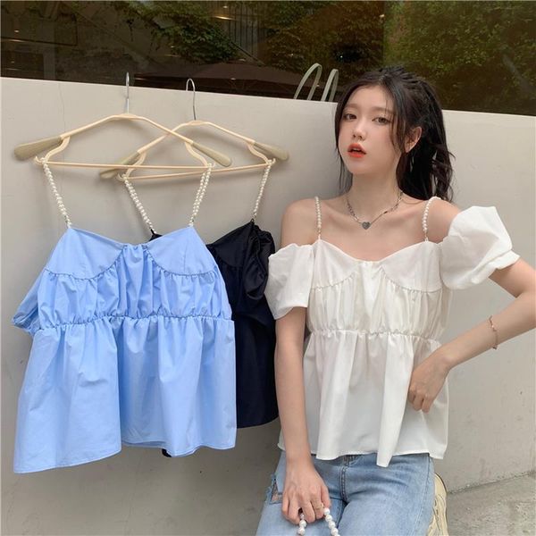 women's blouses & shirts shirt female pearl sling puff sleeve short-sleeved design sense niche summer loose top, White
women's blouses & shirts shirt female pearl sling puff sleeve short-sleeved design sense niche summer loose top, White