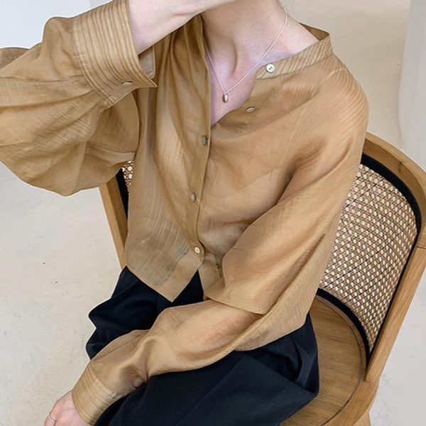 women's blouses & shirts retro fashion shirt 2021 spring and autumn stand-up collar loose long-sleeved wild short tencel women clothing, White 
women's blouses & shirts retro fashion shirt 2021 spring and autumn stand-up collar loose long-sleeved wild short tencel women clothing, White