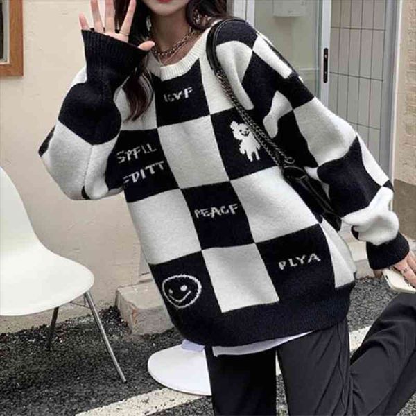 korean style plaid sweater women oversize o-neck pullover checkerboard kawaii bear print long sleeve winter jumper, White;black
korean style plaid sweater women oversize o-neck pullover checkerboard kawaii bear print long sleeve winter jumper, White;black