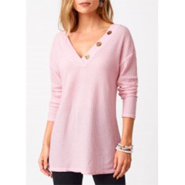 women's t-shirt new autumn v-neck button decoration solid color casual long-sleeved t-shirt women, White
women's t-shirt new autumn v-neck button decoration solid color casual long-sleeved t-shirt women, White