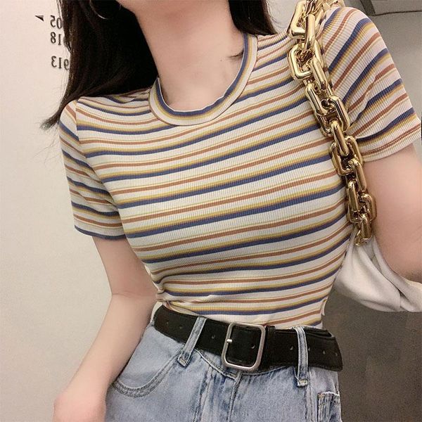 women's t-shirt summer round neck striped short-sleeved slim-fit all-match, White
women's t-shirt summer round neck striped short-sleeved slim-fit all-match, White