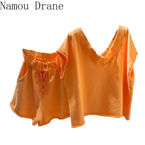 women's suits & blazers female causal korean sweatshirt short sleeve v-neck t t-shirts lace up to waist buttons shorts 2021 loose sets, White;black 
women's suits & blazers female causal korean sweatshirt short sleeve v-neck t t-shirts lace up to waist buttons shorts 2021 loose sets, White;black